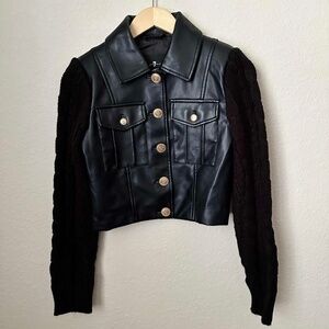 7 FOR ALL MANKIND Women’s Black Faux Leather Cropped Jacket XS Knit Sleeves